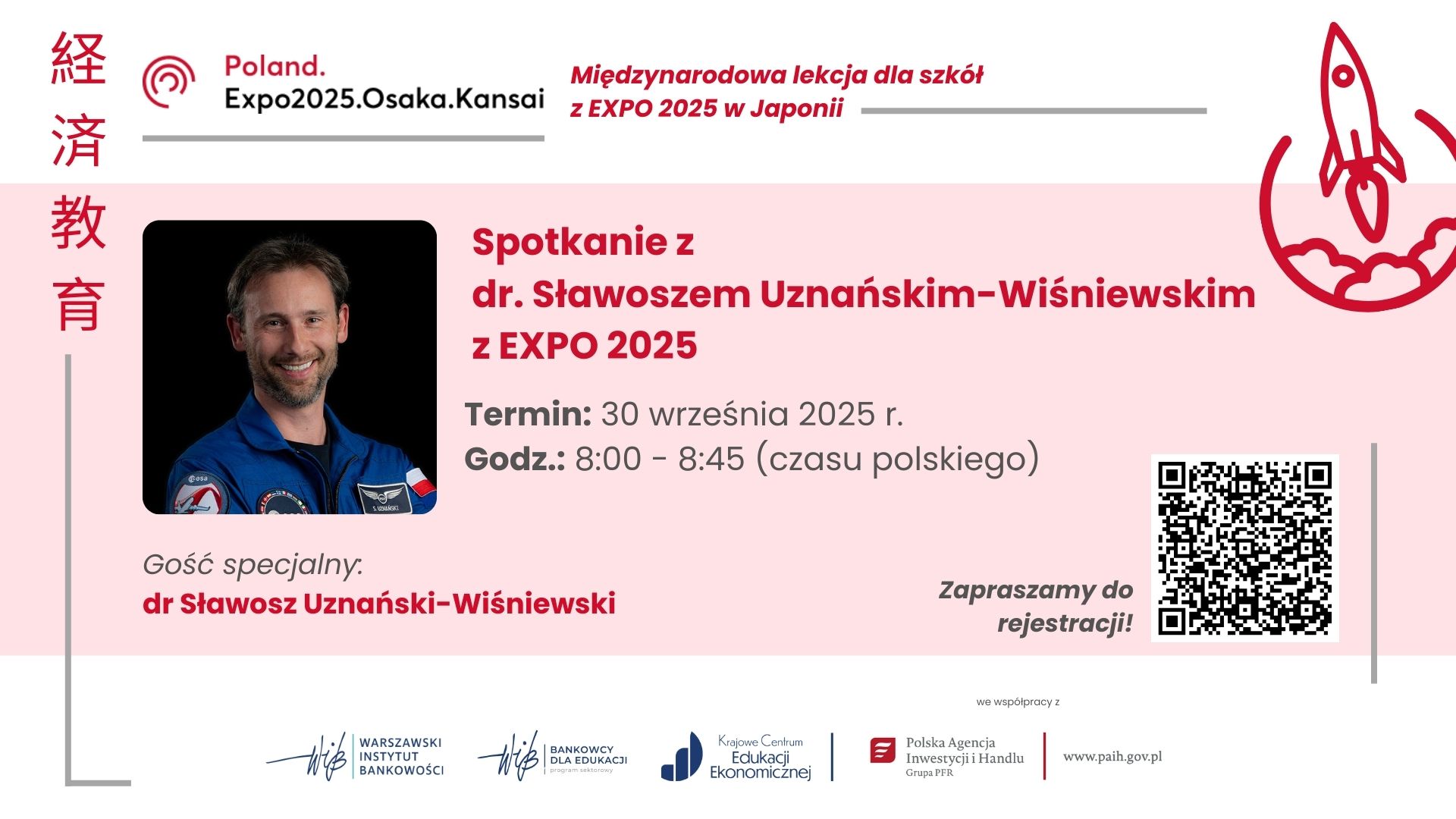 Plakat informacyjny o spotkaniu online z dr. Sławoszem Uznańskim-Wiśniewskim w ramach EXPO 2025, 30 września 2025 r., godz. 8:00–8:45 czasu polskiego